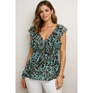 Boston Proper Teal Leopard Print Ruffle V Neck Button Front Top Women's 10